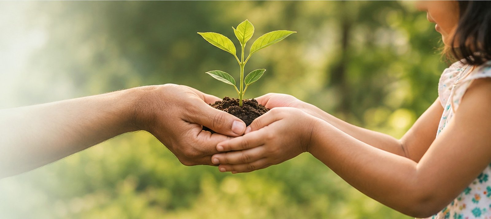 A child and an adult holding a young plant together in their hands