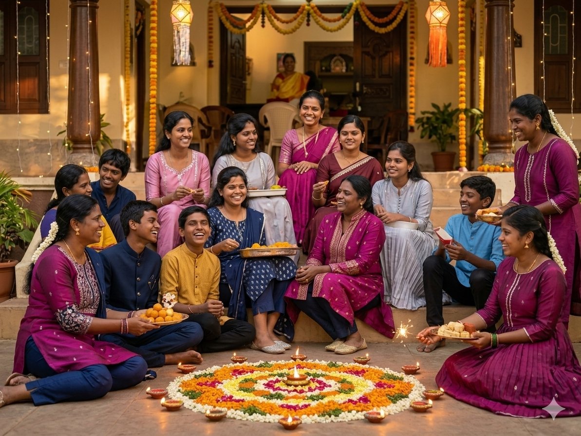 Women and children sitting together and celebrating Diwali as a community