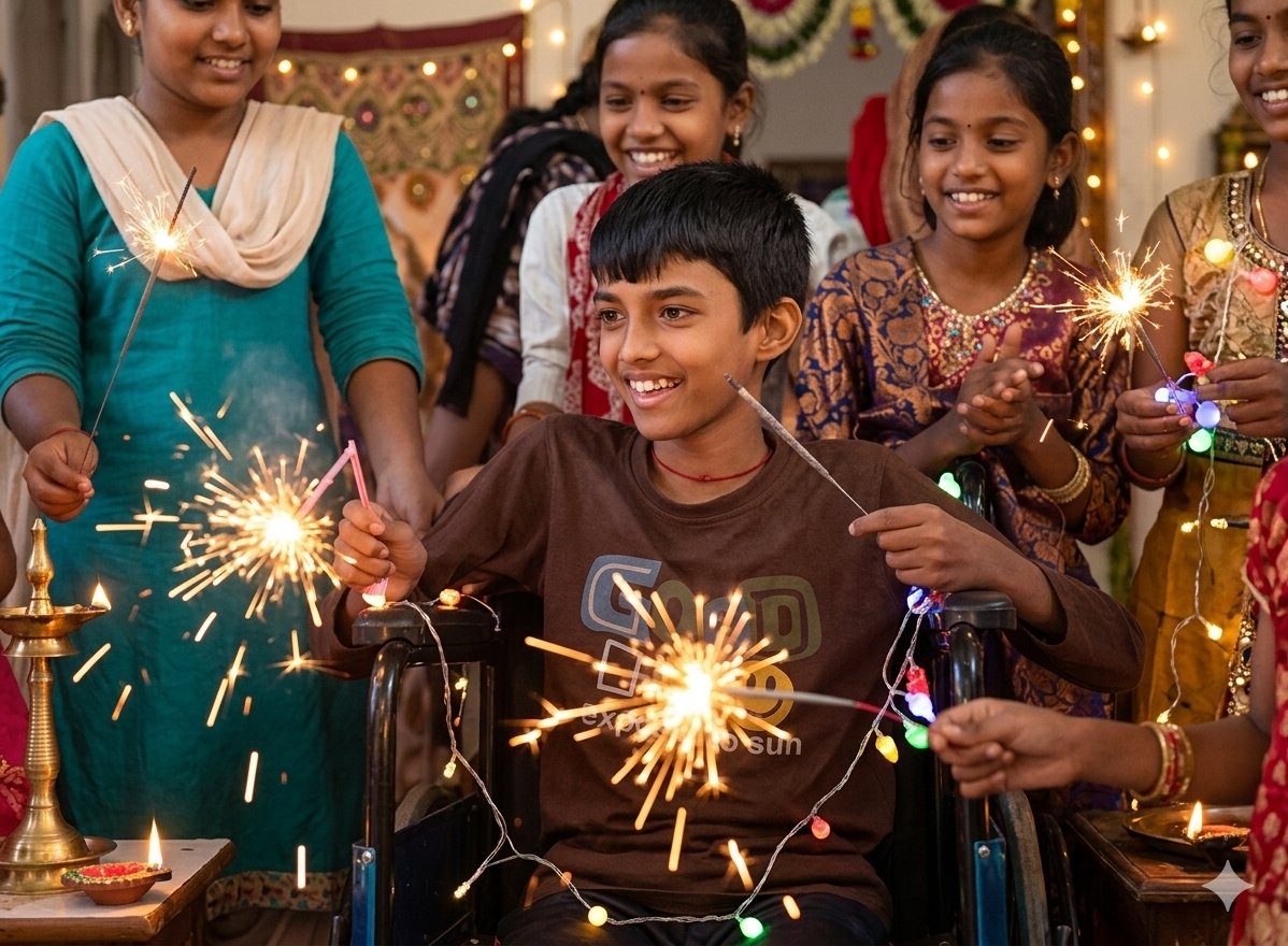 A smiling boy holding a sparkler during Diwali celebrations
